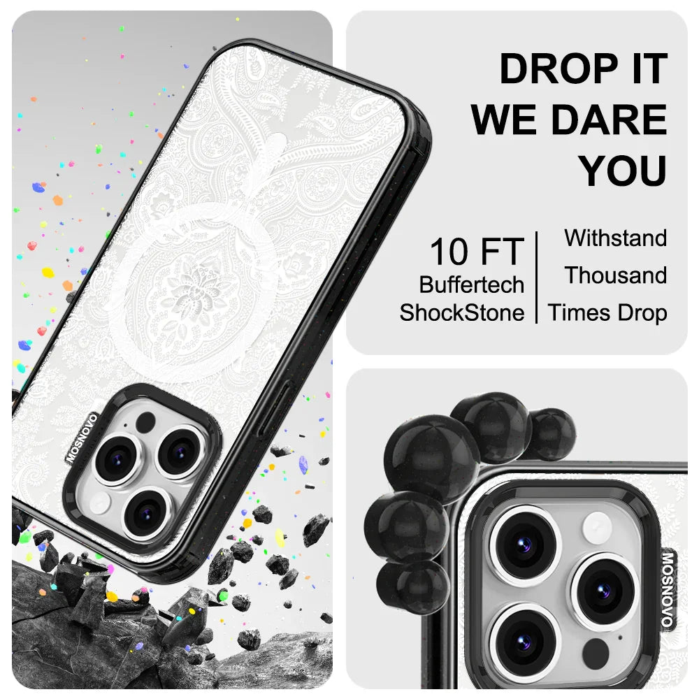 White Damask Phone Case - iPhone 16 Pro Case Clear Black ShockStone With MagSafe