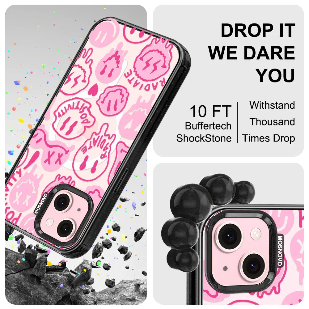 Pink Dripping Smiles Positivity Radiate Face Phone Case - iPhone 15 Case Clear Black ShockStone With MagSafe
