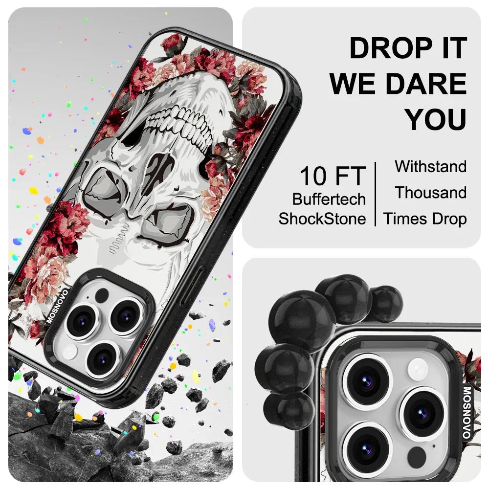 Red Flower Skull Phone Case - iPhone 16 Pro Case Clear Black ShockStone