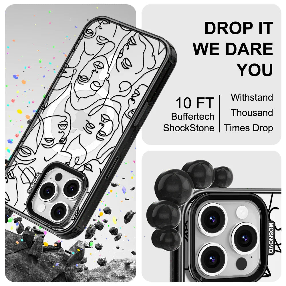 Abstract Face Line Art Phone Case - iPhone 16 Pro Max Case Clear Black ShockStone With MagSafe
