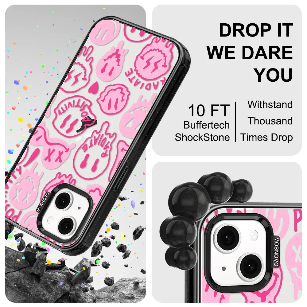 Pink Dripping Smiles Positivity Radiate Face Phone Case - iPhone 14 Case Clear Black ShockStone