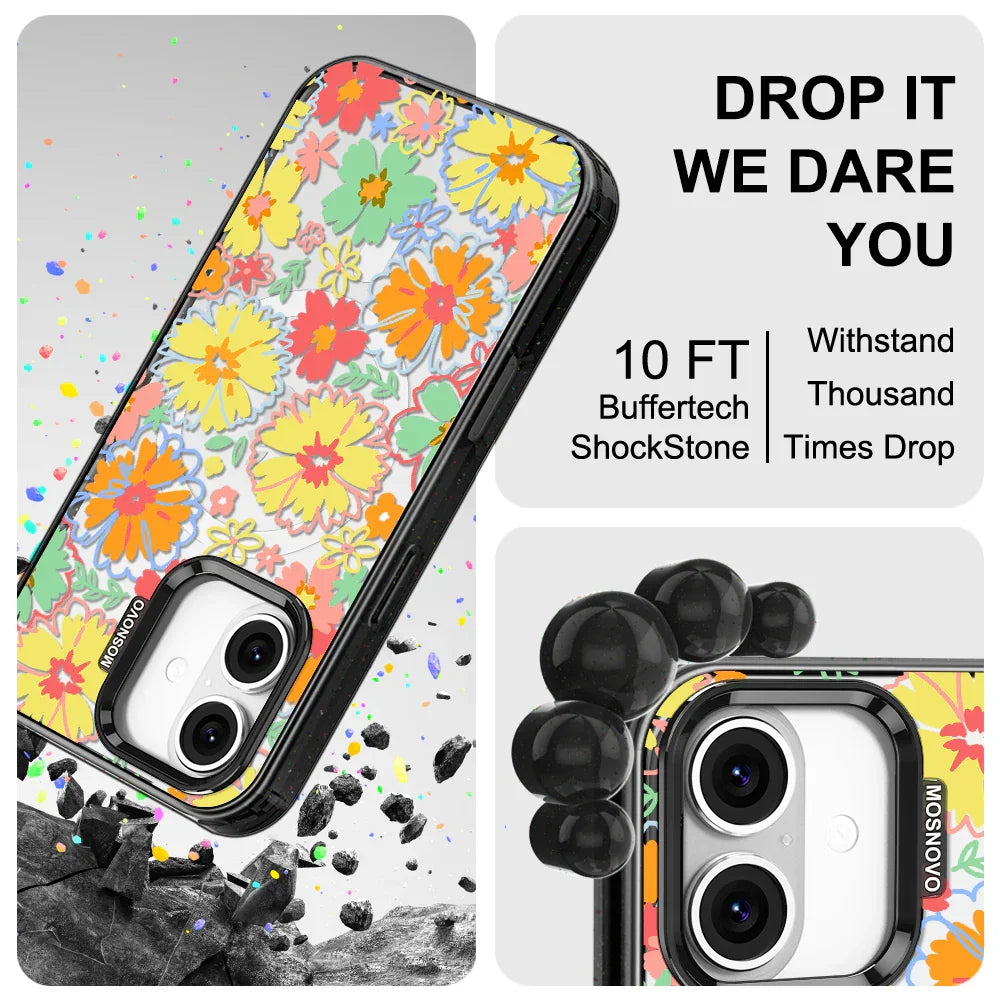 Retro Boho Hippie Flowers Phone Case - iPhone 16 Plus Case Clear Black ShockStone With MagSafe