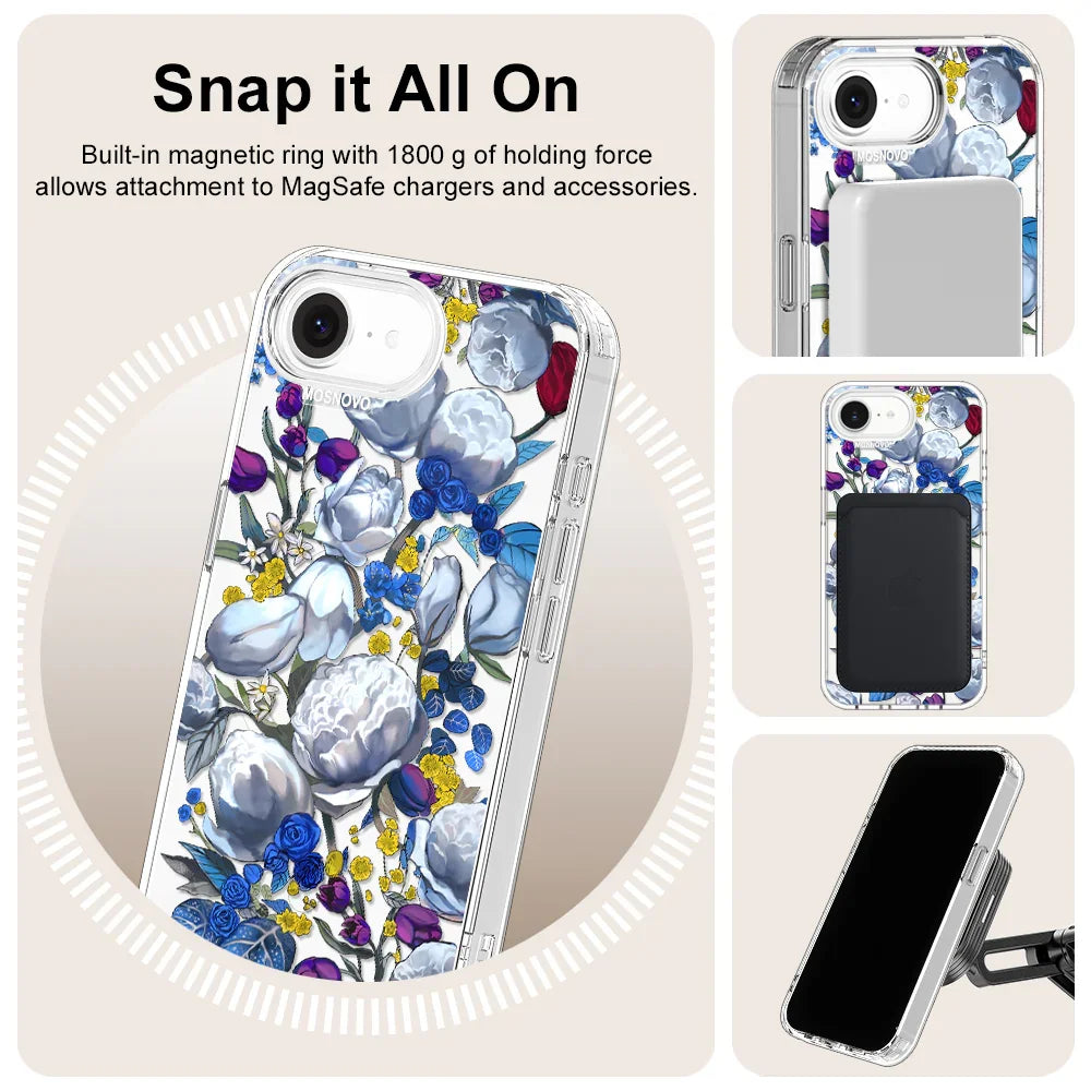 Purple Blue Floral Phone Case - iPhone 16e Case Clear With MagSafe