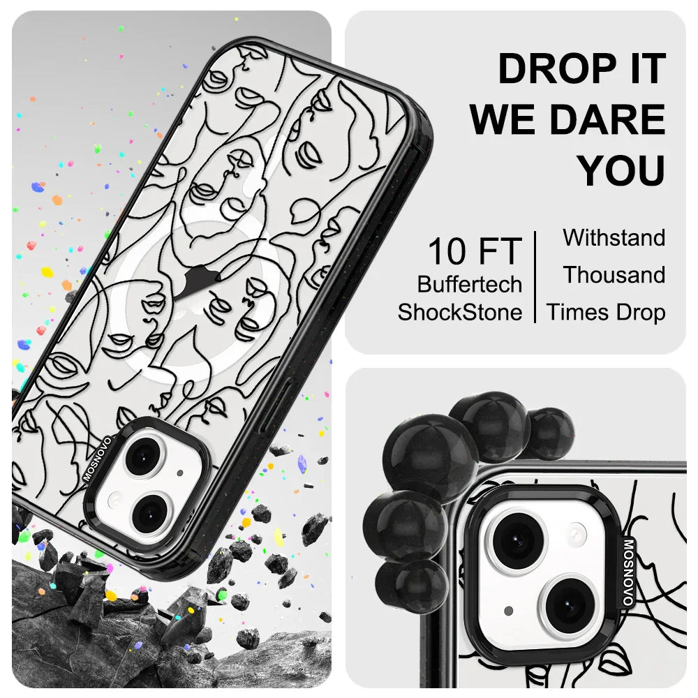 Abstract Face Line Art Phone Case - iPhone 14 Plus Case Clear Black ShockStone With MagSafe