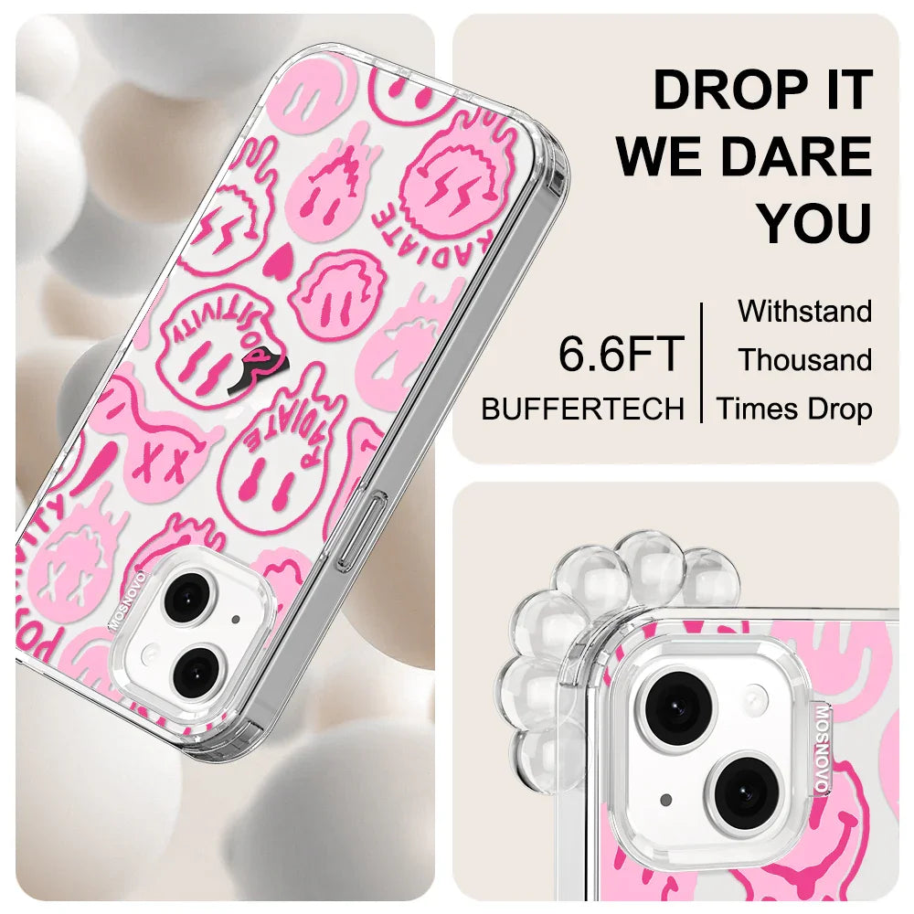 Pink Dripping Smiles Positivity Radiate Face Phone Case - iPhone 14 Case Clear