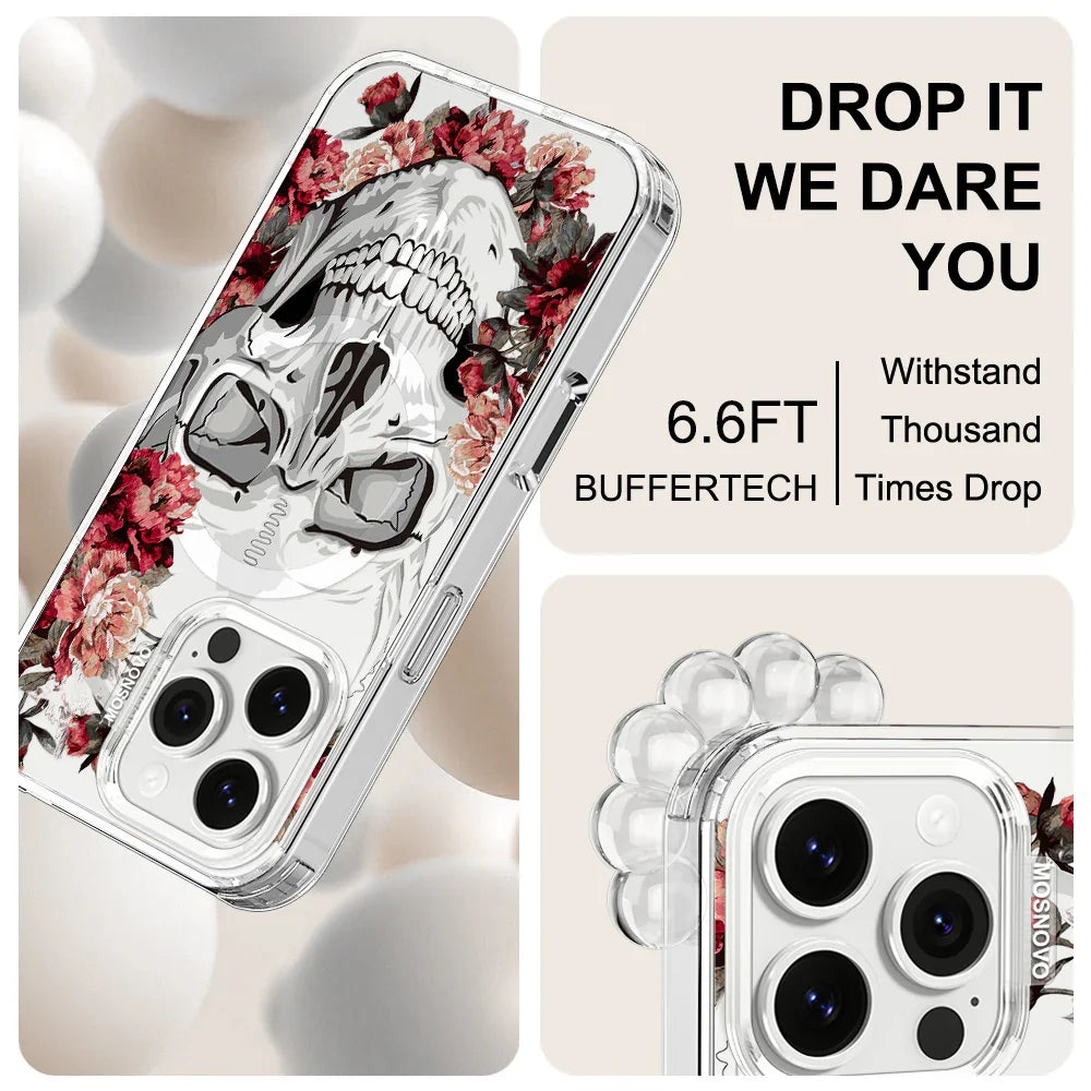 Red Flower Skull Phone Case - iPhone 16 Pro Case Clear With MagSafe