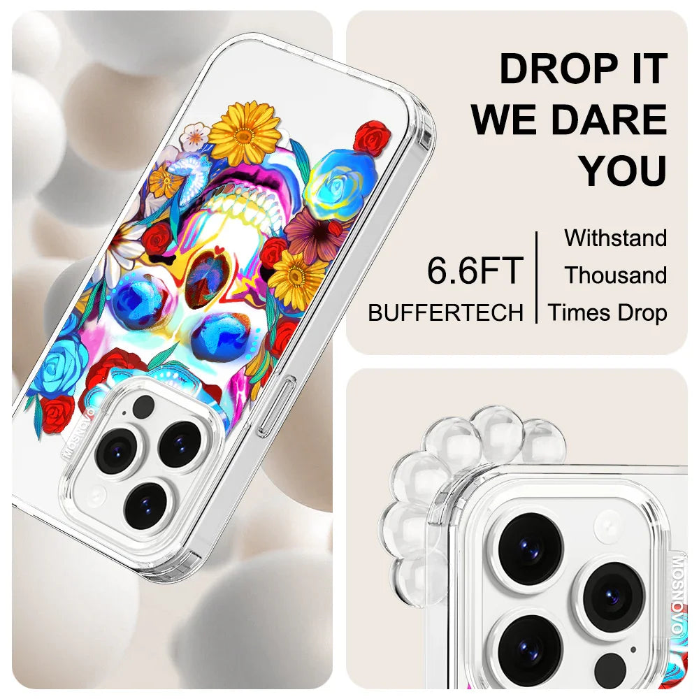 Sugar Flower Skull Phone Case - iPhone 14 Pro Case Clear With MagSafe