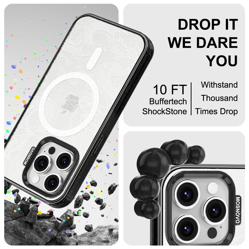 White Dragon Phone Case - iPhone 16 Pro Case Clear Black ShockStone With MagSafe