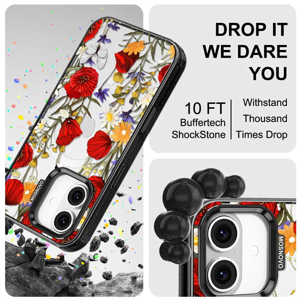 Poppy Floral Phone Case - iPhone 16 Plus Case Clear Black ShockStone With MagSafe