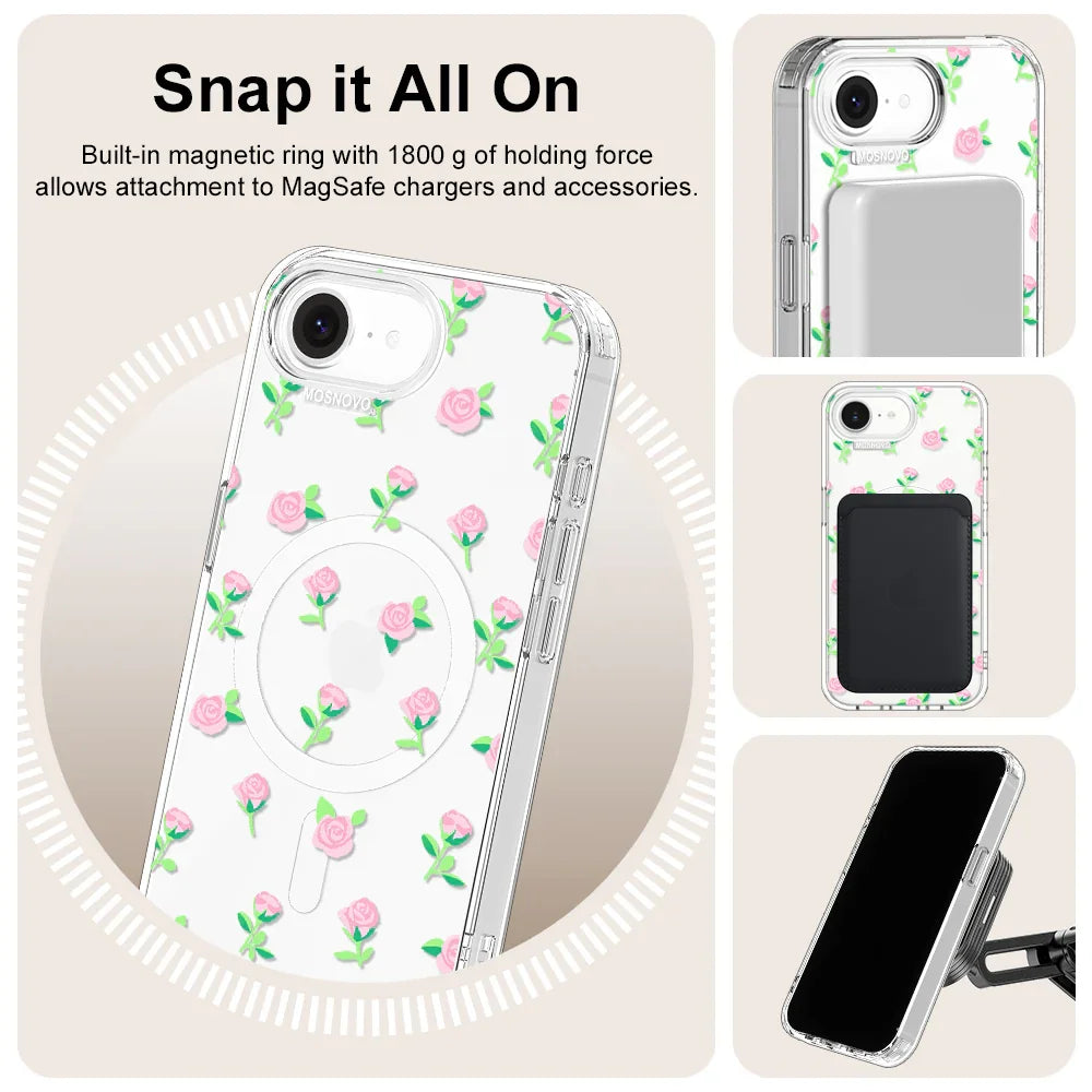 Pink Rose Floral Phone Case - iPhone 16e Case Clear With MagSafe