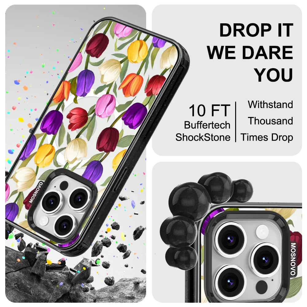 Colorful Tulips Phone Case - iPhone 16 Pro Case Clear Black ShockStone With MagSafe
