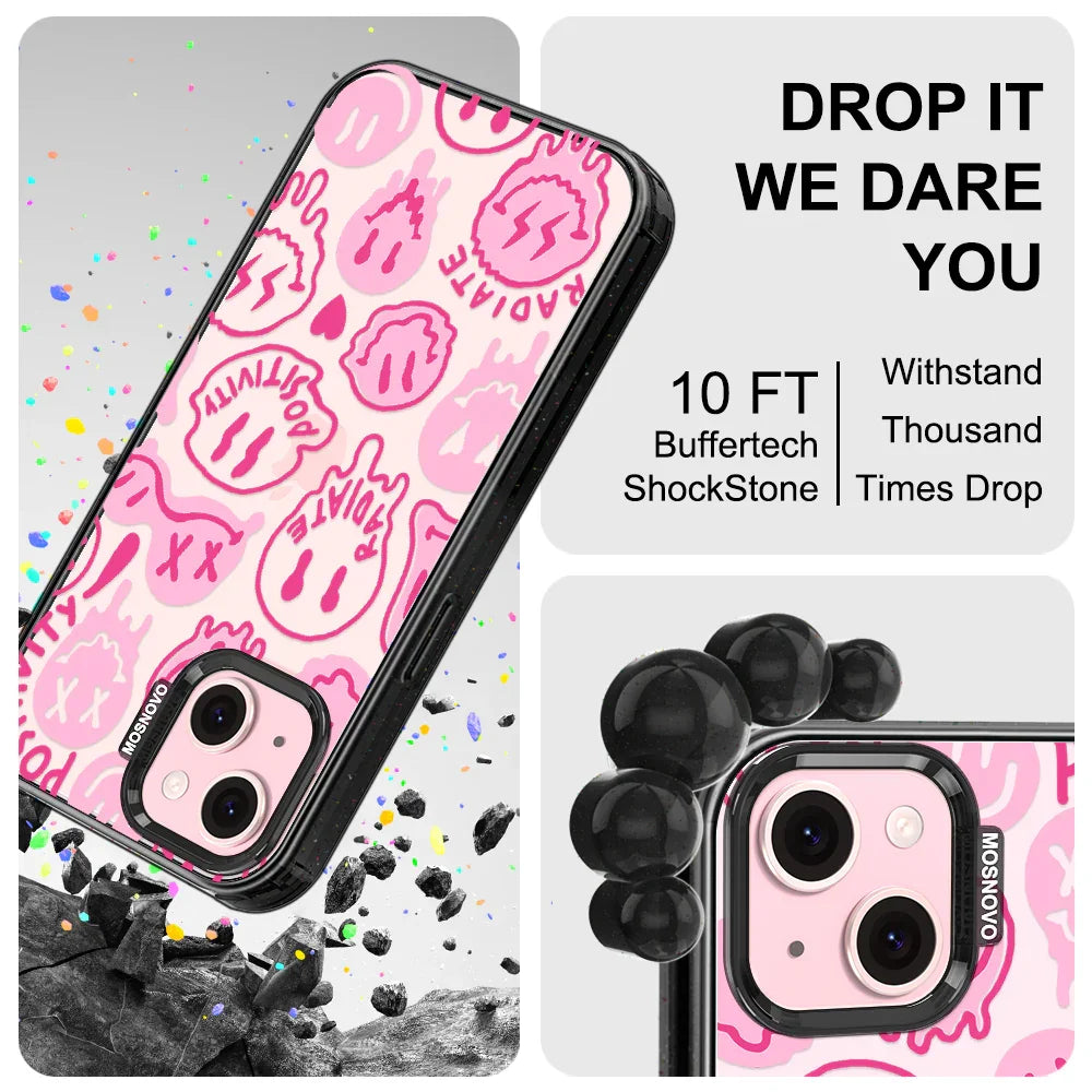 Pink Dripping Smiles Positivity Radiate Face Phone Case - iPhone 15 Case Clear Black ShockStone