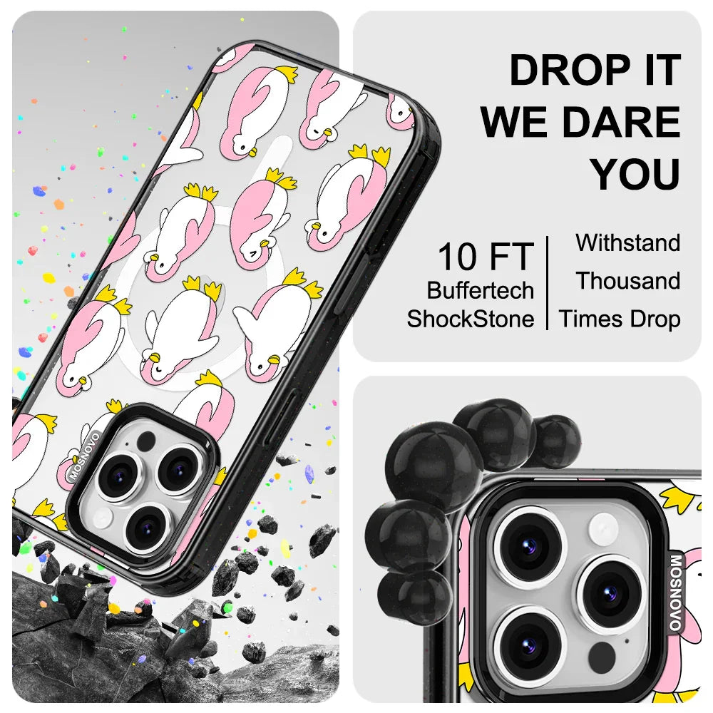 Pink Penguins Phone Case - iPhone 16 Pro Max Case Clear Black ShockStone With MagSafe