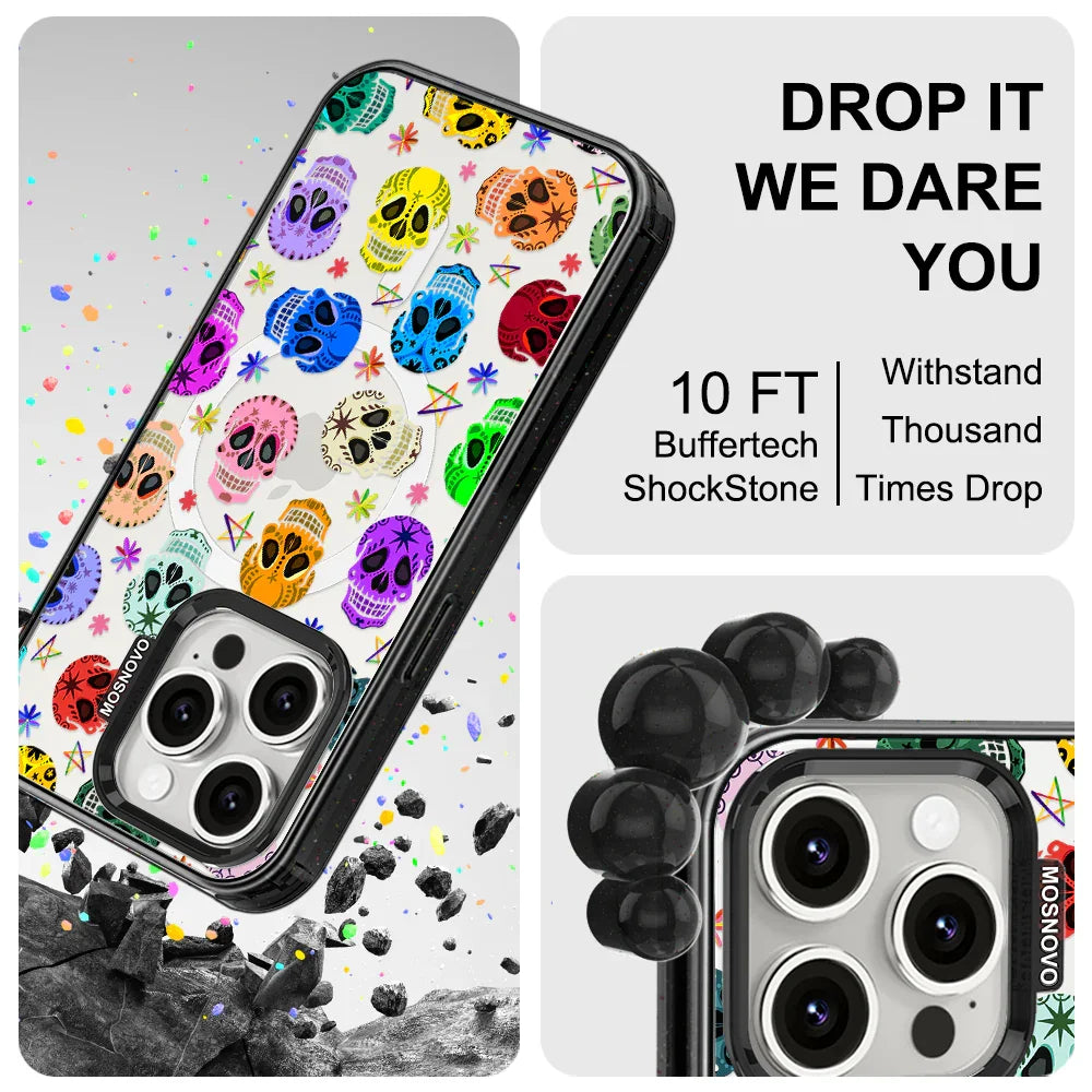 Sugar Skull Phone Case - iPhone 15 Pro Case Clear Black ShockStone With MagSafe