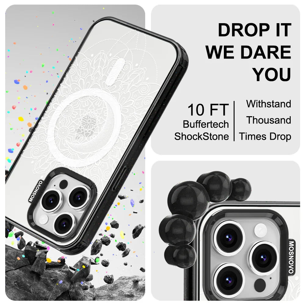 Celestial Moon Mandala Phone Case - iPhone 16 Pro Case Clear Black ShockStone With MagSafe