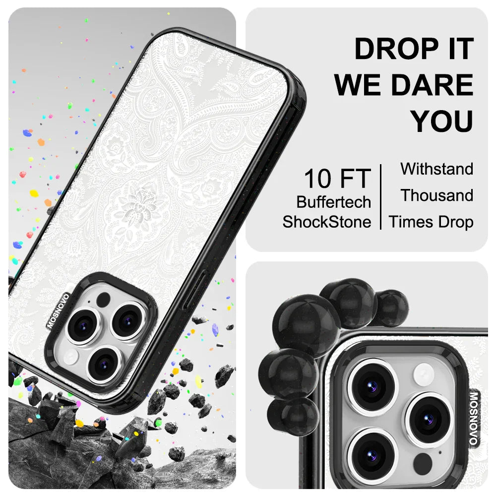 White Damask Phone Case - iPhone 16 Pro Case Clear Black ShockStone