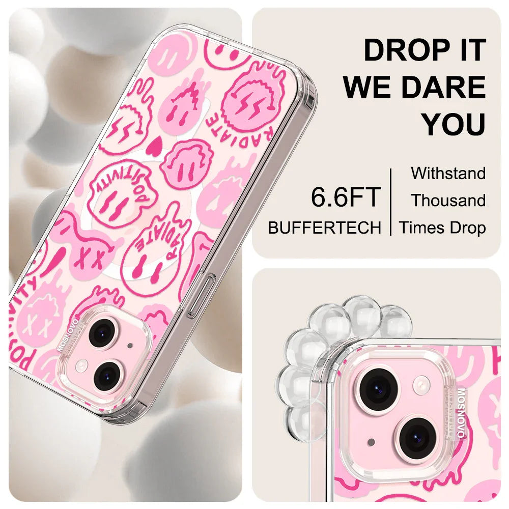 Pink Dripping Smiles Positivity Radiate Face Phone Case - iPhone 15 Case Clear With MagSafe