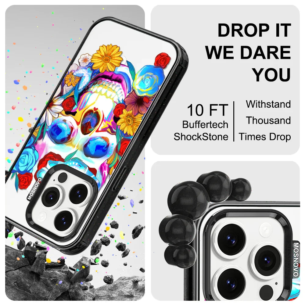 Sugar Flower Skull Phone Case - iPhone 14 Pro Case Clear Black ShockStone With MagSafe