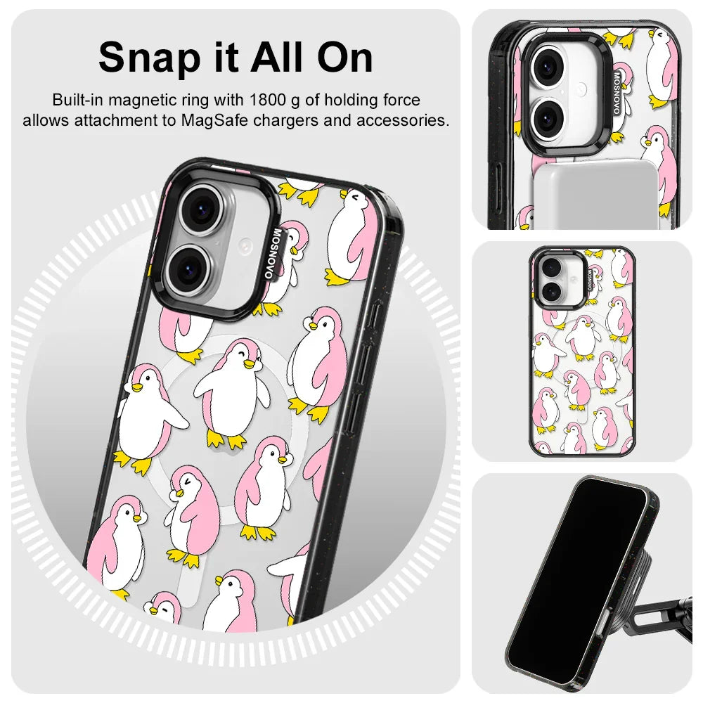 Pink Penguins Phone Case - iPhone 16 Plus Case Clear Black ShockStone With MagSafe