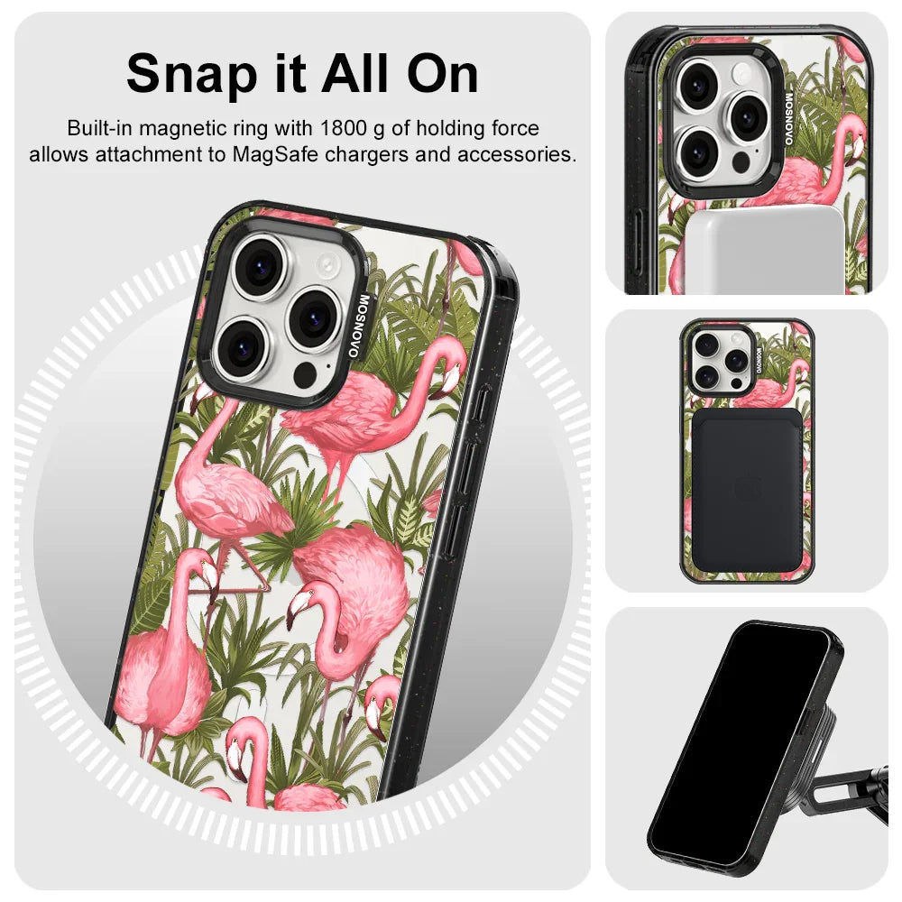 Flamingo Art Phone Case - iPhone 15 Pro Max Case Clear Black ShockStone With MagSafe