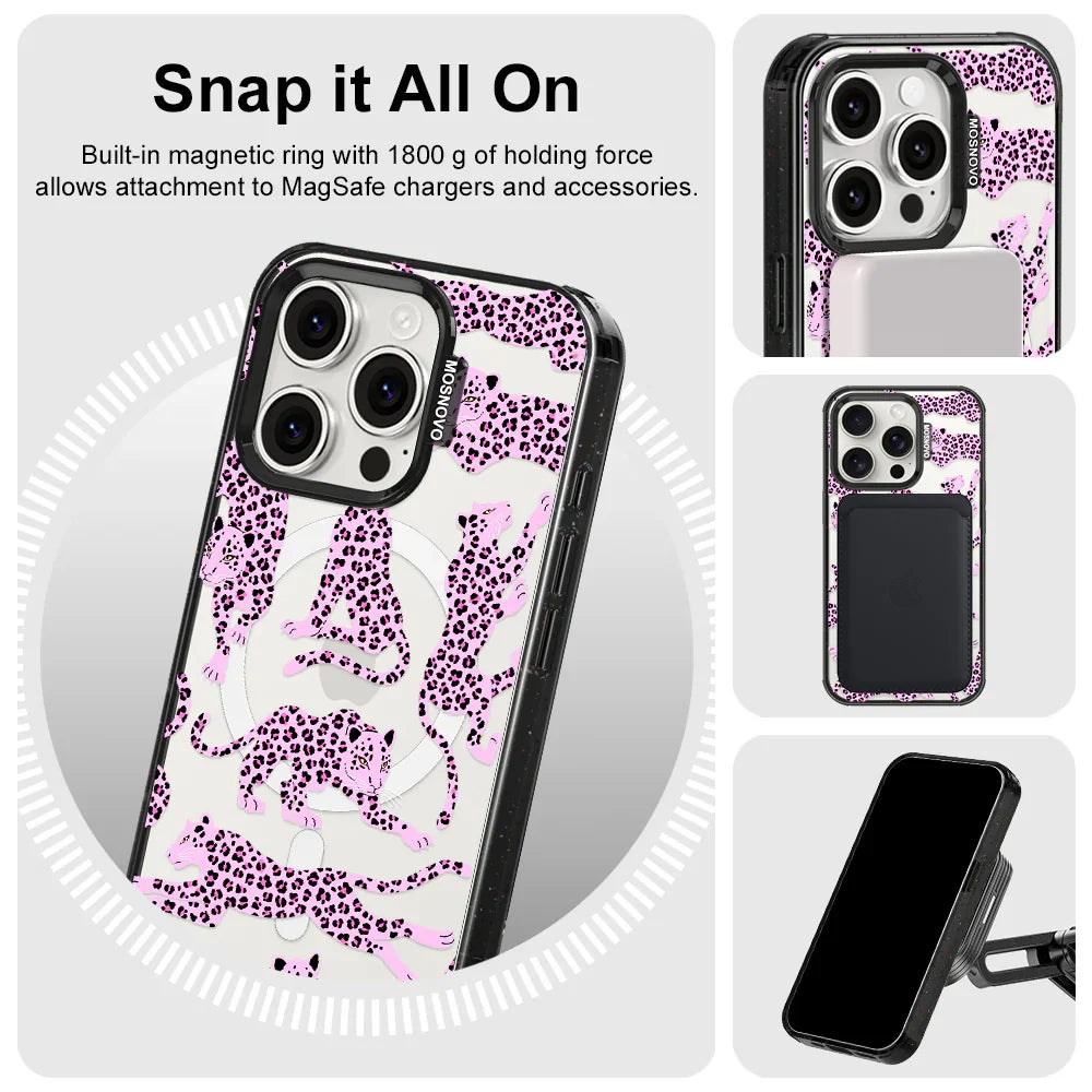 Pink Leopard Phone Case - iPhone 15 Pro Case Clear Black ShockStone With MagSafe
