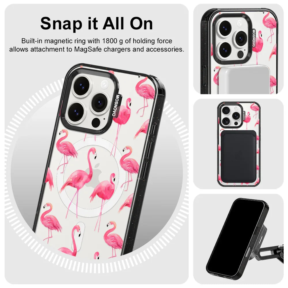 Flamingo Phone Case - iPhone 16 Pro Case Clear Black ShockStone With MagSafe