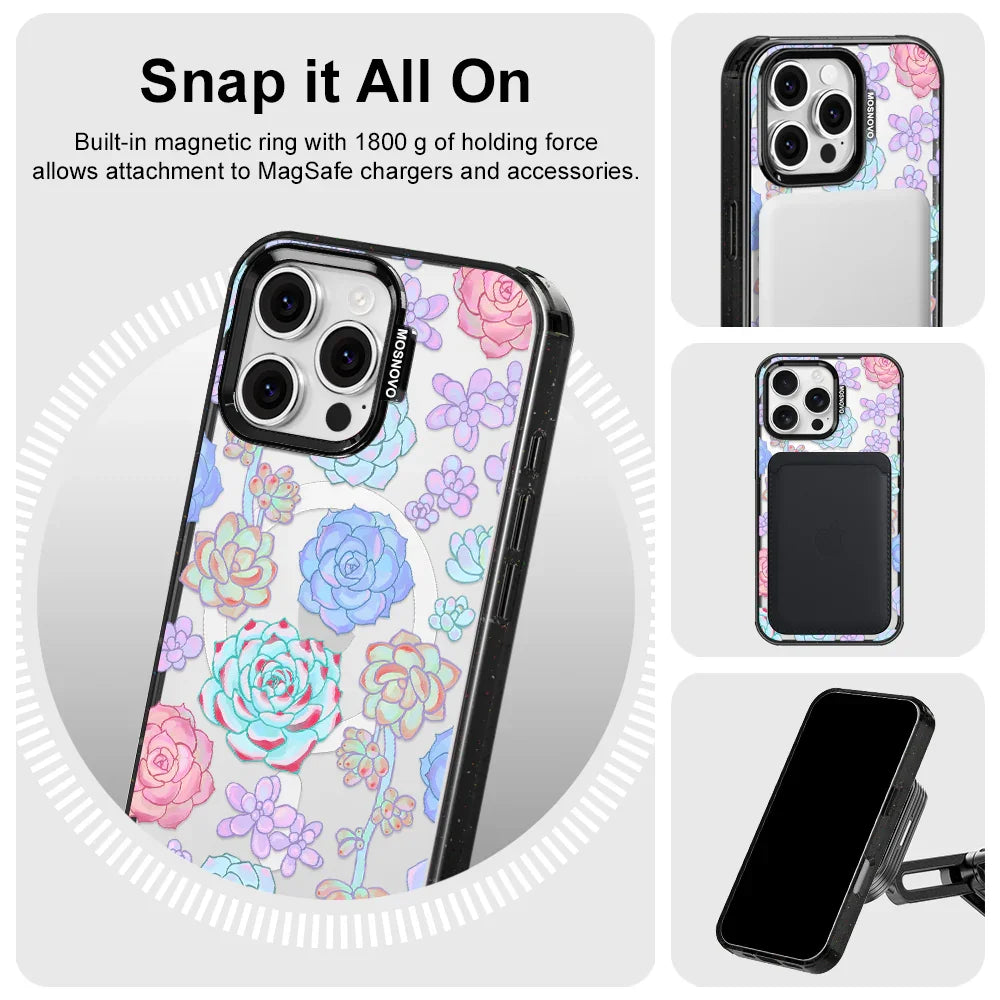 Succulents Phone Case - iPhone 16 Pro Max Case Clear Black ShockStone With MagSafe