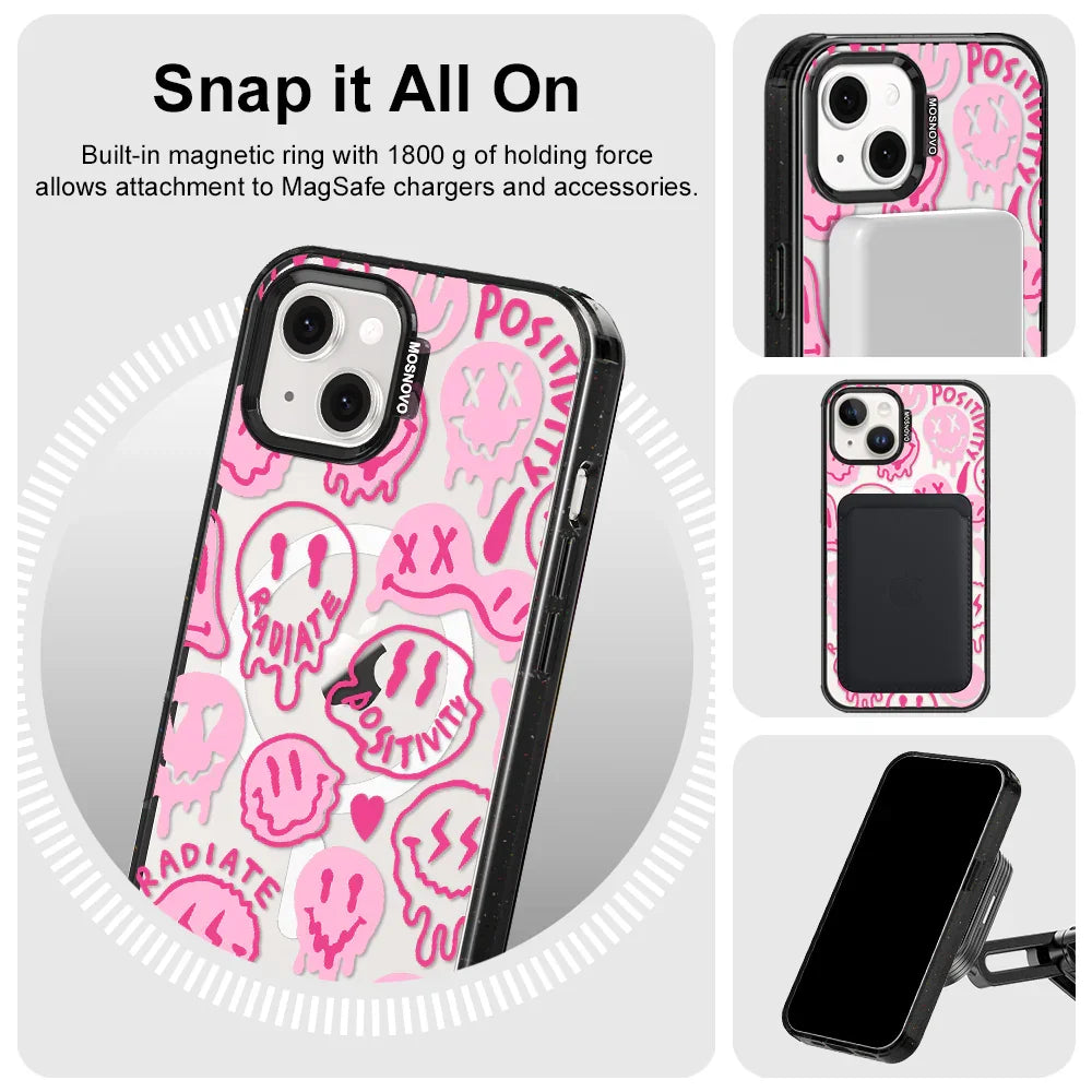Pink Dripping Smiles Positivity Radiate Face Phone Case - iPhone 14 Case Clear Black ShockStone With MagSafe