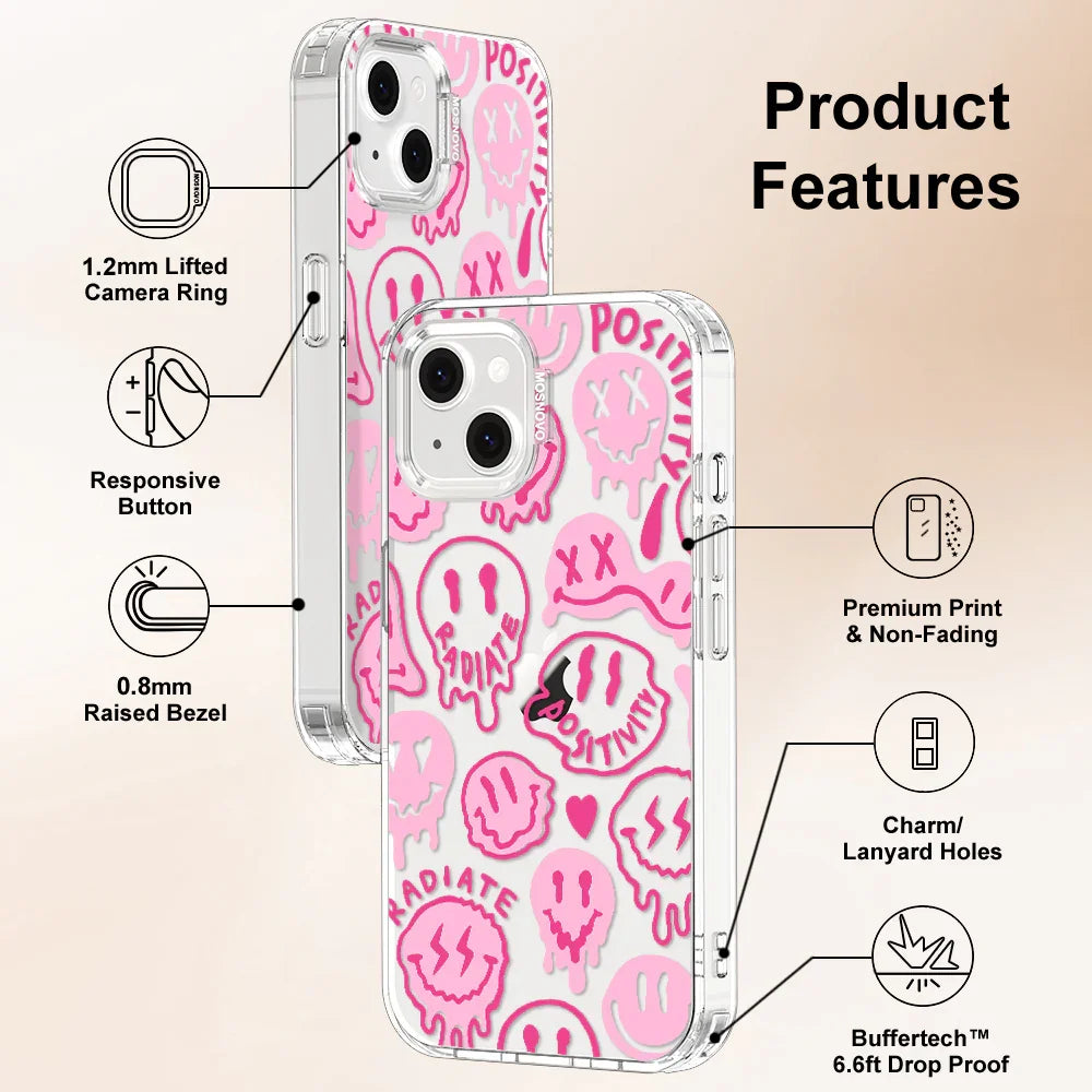 Pink Dripping Smiles Positivity Radiate Face Phone Case - iPhone 14 Case Clear