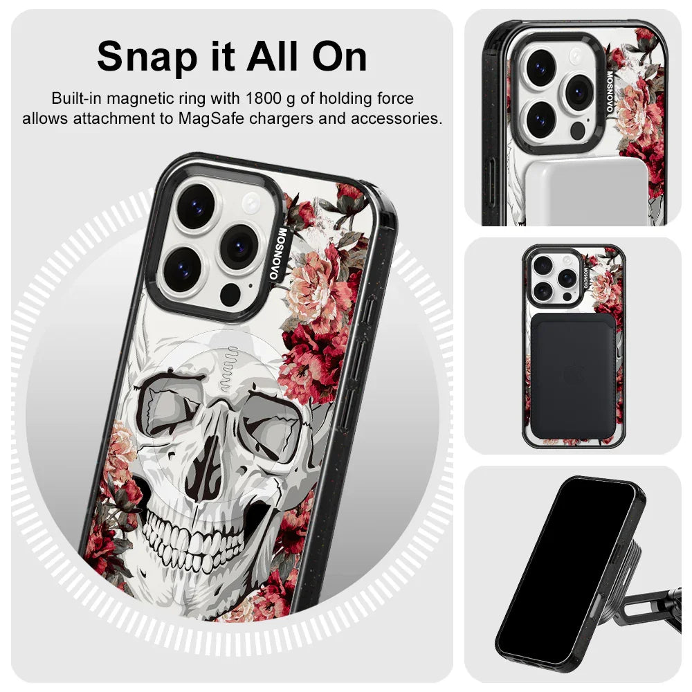 Red Flower Skull Phone Case - iPhone 16 Pro Case Clear Black ShockStone With MagSafe
