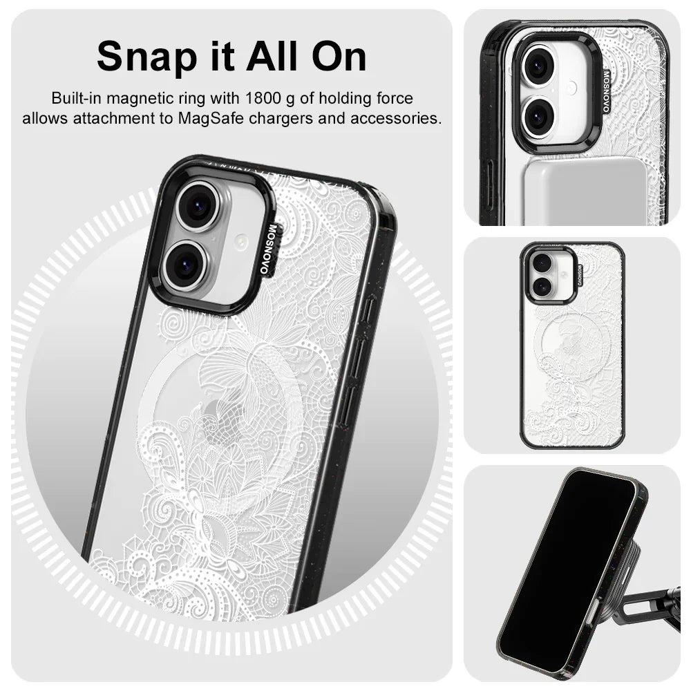 Lacy White Flower Phone Case - iPhone 16 Case Clear Black ShockStone With MagSafe