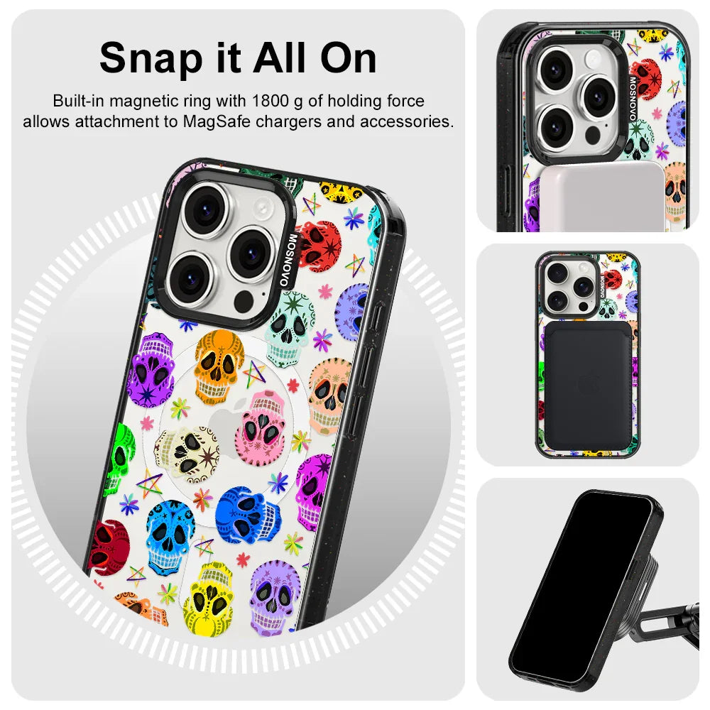 Sugar Skull Phone Case - iPhone 15 Pro Case Clear Black ShockStone With MagSafe