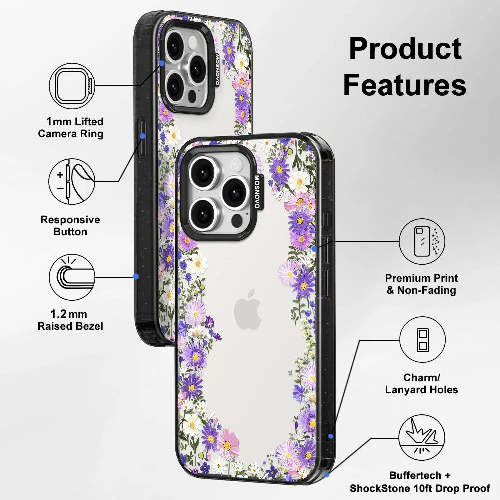 Purple Daisy Garden Phone Case - iPhone 15 Pro Max Case Clear Black ShockStone