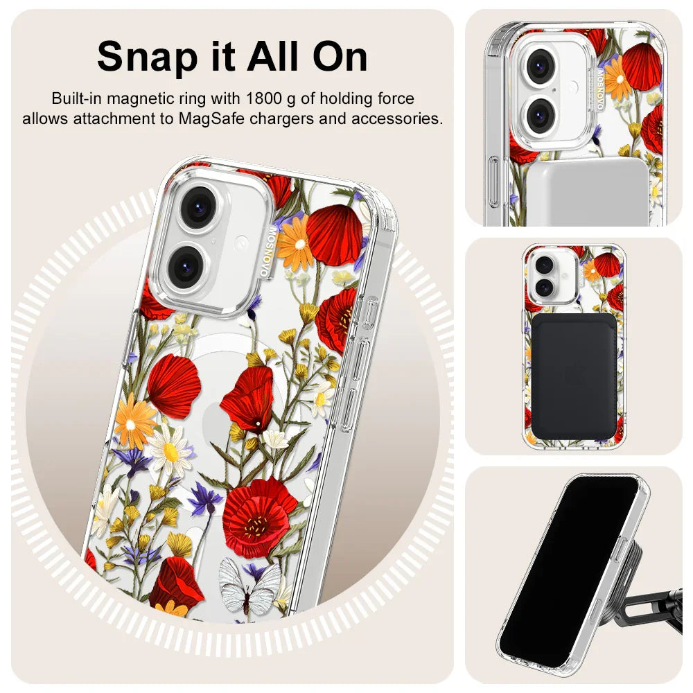 Poppy Floral Phone Case - iPhone 16 Plus Case Clear With MagSafe