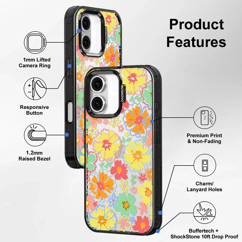 Retro Boho Hippie Flowers Phone Case - iPhone 16 Plus Case Clear Black ShockStone