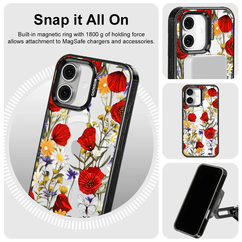 Poppy Floral Phone Case - iPhone 16 Plus Case Clear Black ShockStone With MagSafe