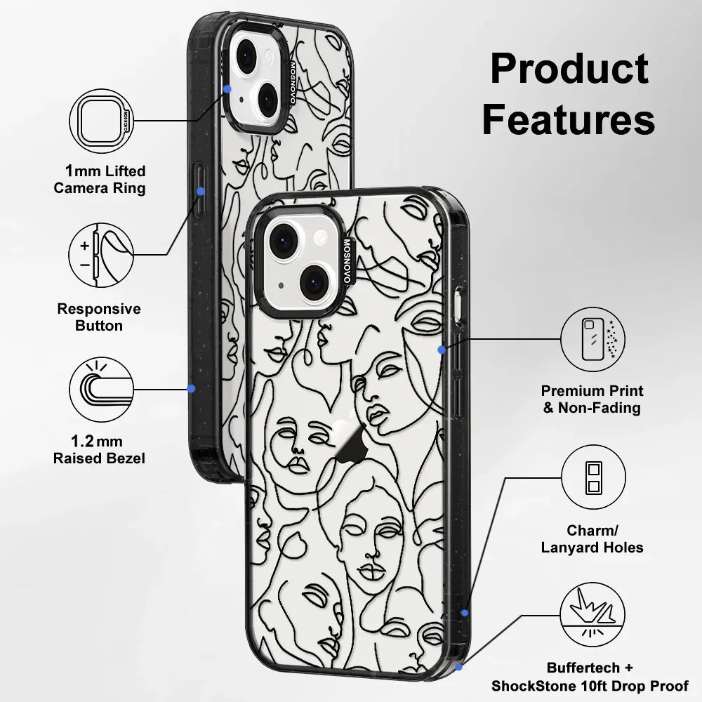 Abstract Face Line Art Phone Case - iPhone 14 Plus Case Clear Black ShockStone