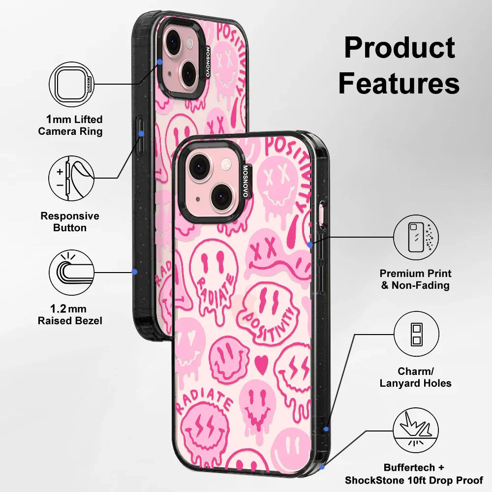 Pink Dripping Smiles Positivity Radiate Face Phone Case - iPhone 15 Case Clear Black ShockStone