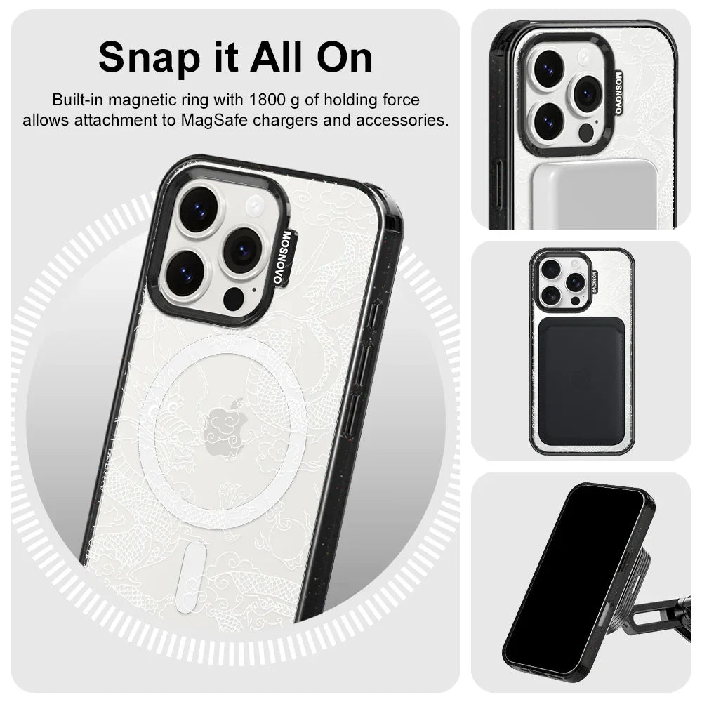 White Dragon Phone Case - iPhone 16 Pro Case Clear Black ShockStone With MagSafe