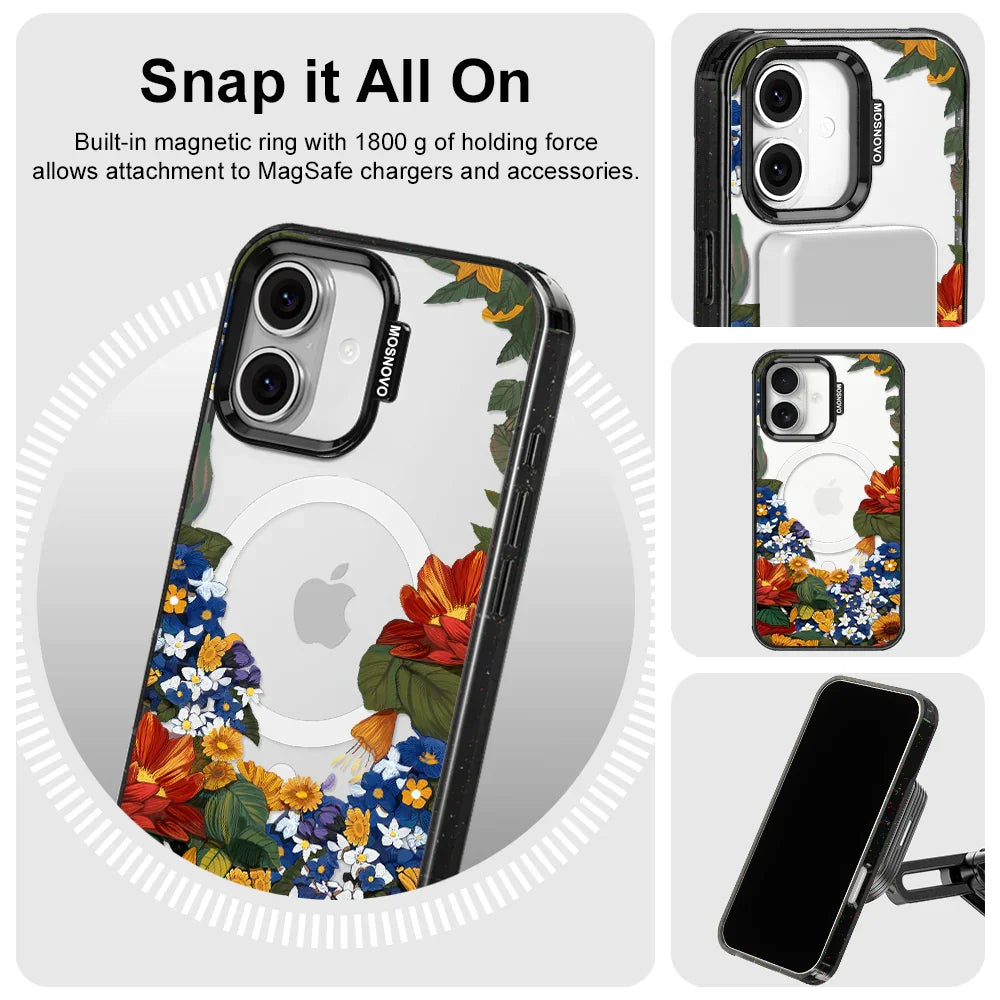 Floral Garden Phone Case - iPhone 16 Plus Case Clear Black ShockStone With MagSafe