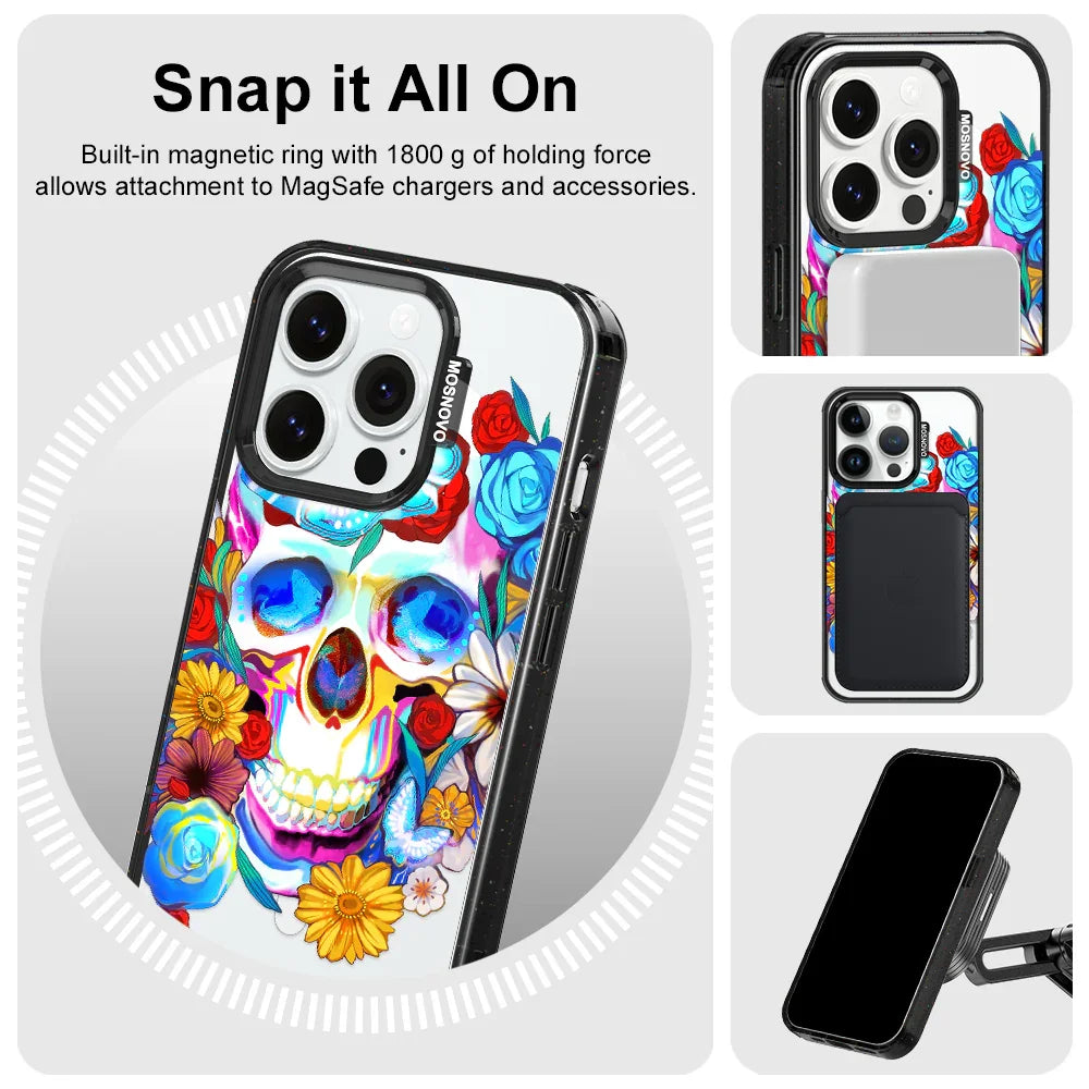 Sugar Flower Skull Phone Case - iPhone 14 Pro Case Clear Black ShockStone With MagSafe