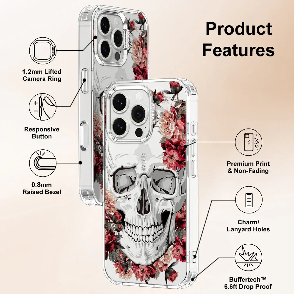 Red Flower Skull Phone Case - iPhone 16 Pro Case Clear