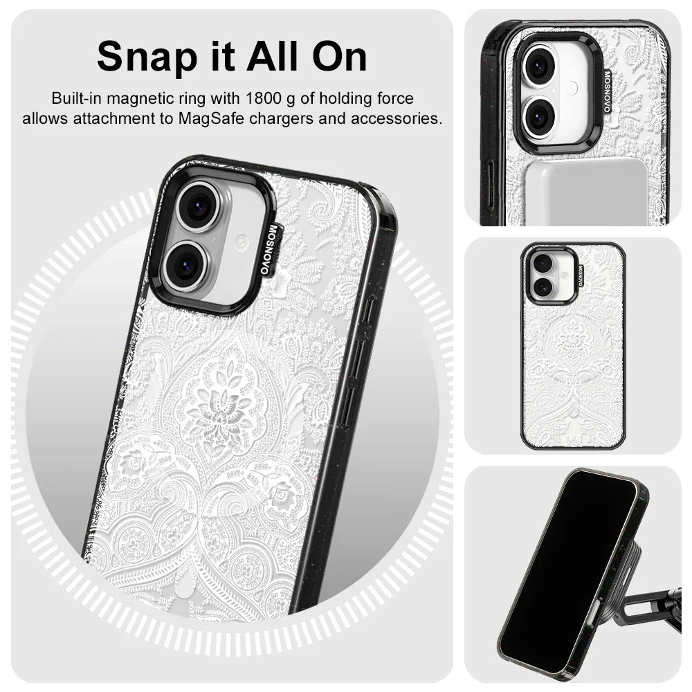 White Damask Phone Case - iPhone 16 Plus Case Clear Black ShockStone With MagSafe
