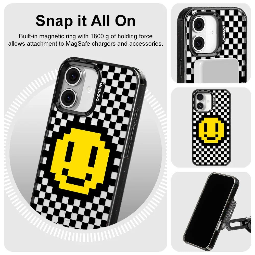 Smile Checkered Phone Case - iPhone 16 Case Clear Black ShockStone With MagSafe