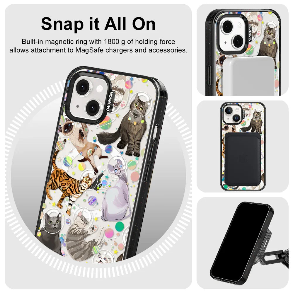 Space Cat Phone Case - iPhone 14 Case Clear Black ShockStone With MagSafe