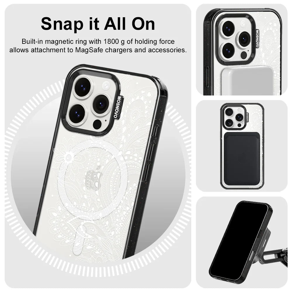 Aesthetic Flower Henna Phone Case - iPhone 16 Pro Case Clear Black ShockStone With MagSafe