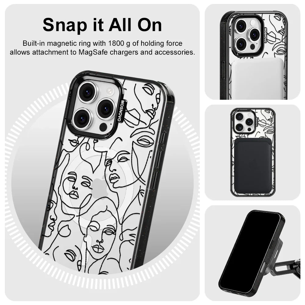 Abstract Face Line Art Phone Case - iPhone 16 Pro Max Case Clear Black ShockStone With MagSafe