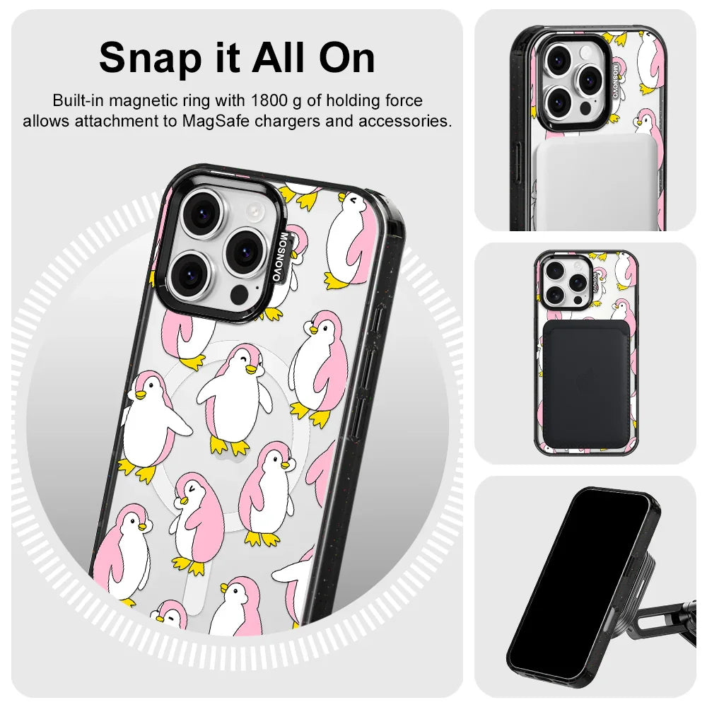 Pink Penguins Phone Case - iPhone 16 Pro Max Case Clear Black ShockStone With MagSafe