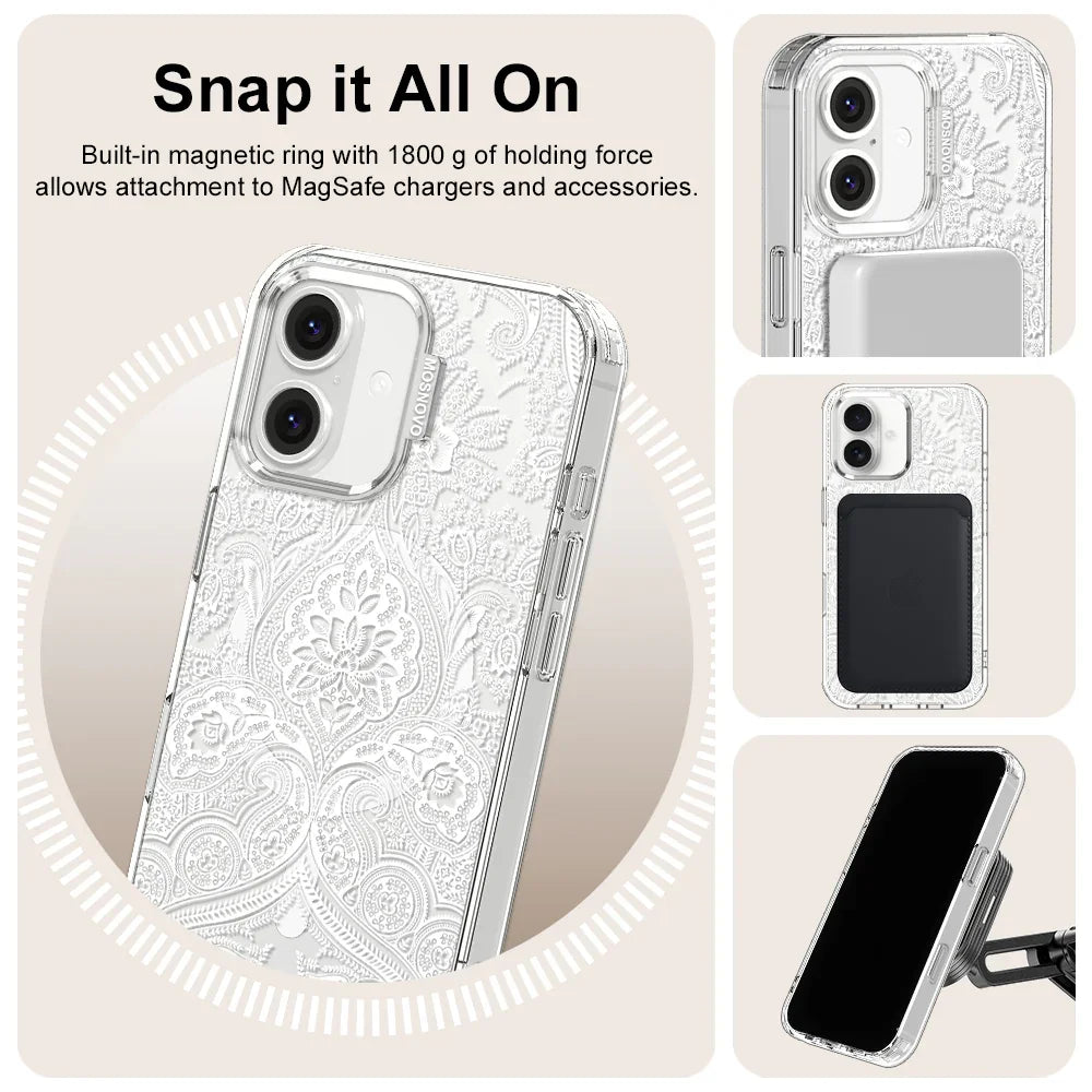 White Damask Phone Case - iPhone 16 Plus Case Clear With MagSafe