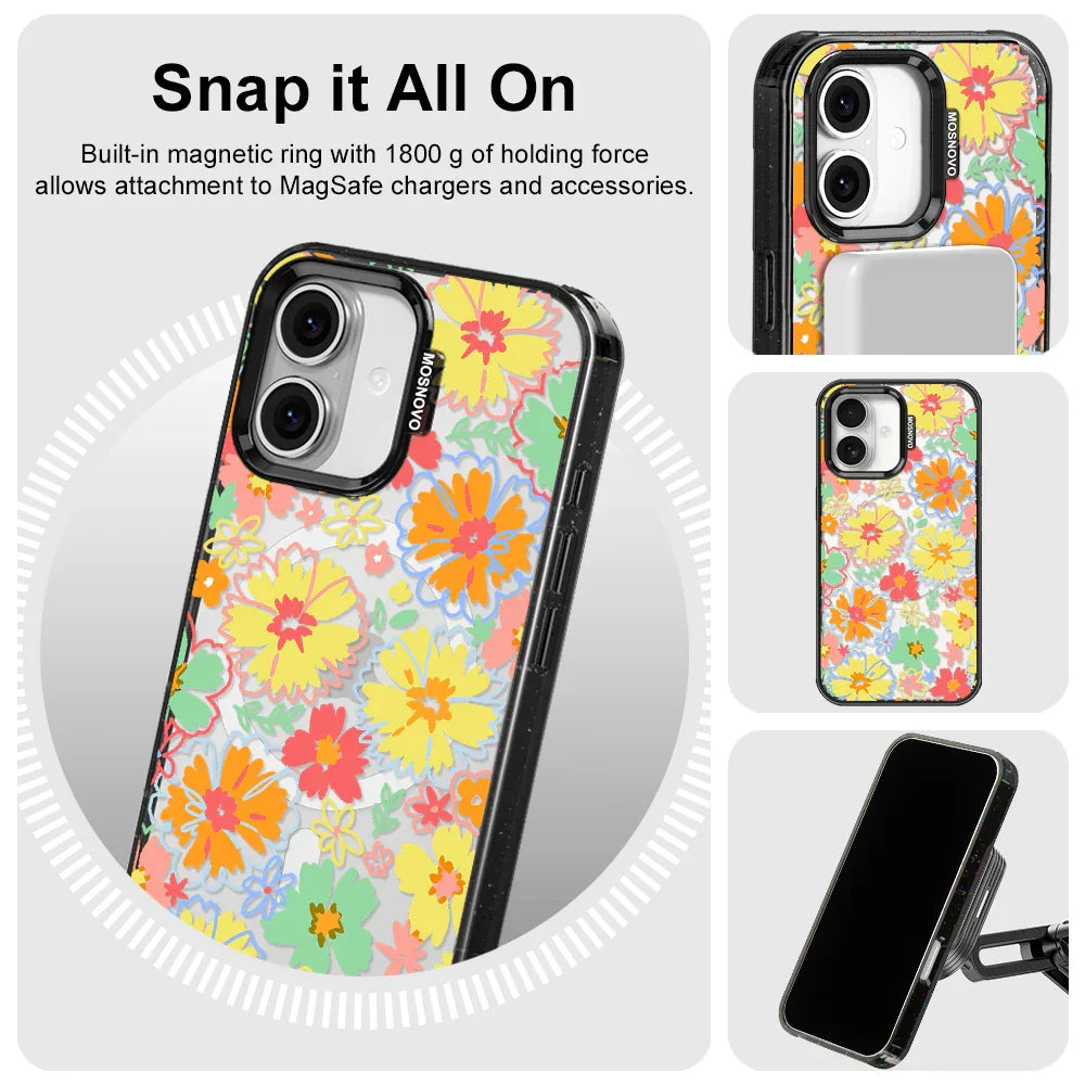 Retro Boho Hippie Flowers Phone Case - iPhone 16 Plus Case Clear Black ShockStone With MagSafe